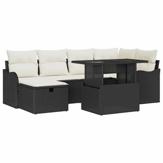 Garten-Sofa-Set mit Kissen 7 pcs Schwarz Poly Rattan