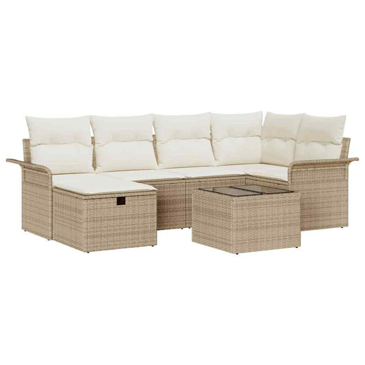 Garten-Sofa-Set mit Kissen mit Speicher 7 pcs Beige Poly Rattan