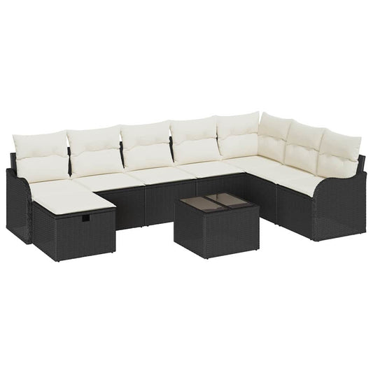 Garten-Sofa-Set mit Kissen 9 pcs Schwarz Poly Rattan