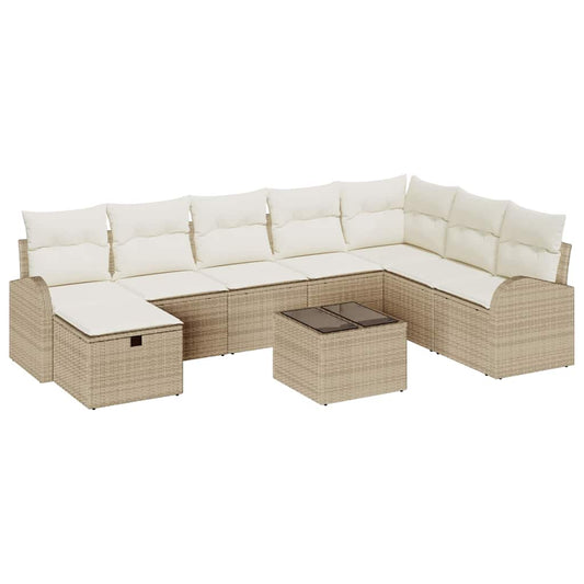 Garten-Sofa-Set mit Kissen mit Speicher 9 pcs Beige Poly Rattan