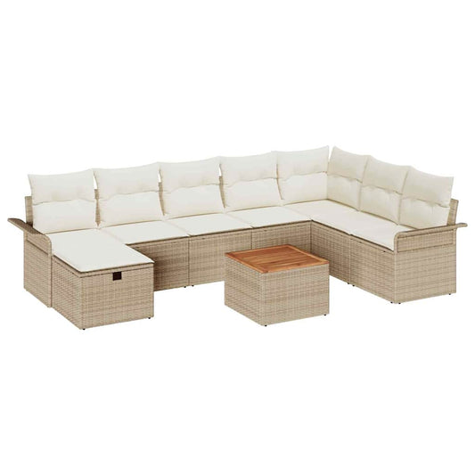 Garten-Sofa-Set mit Kissen mit Speicher 9 pcs Beige Poly Rattan