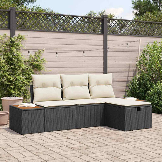 Garten-Sofa-Set mit Kissen 4 pcs Schwarz Poly Rattan