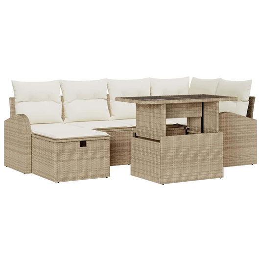 Garten-Sofa-Set mit Kissen mit Speicher 7 pcs Beige Poly Rattan