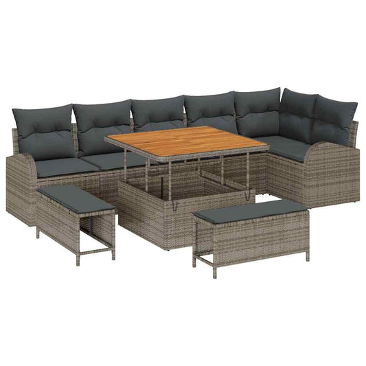 Garten-Sofa-Set mit Kissen 9 pcs Grau Poly Rattan