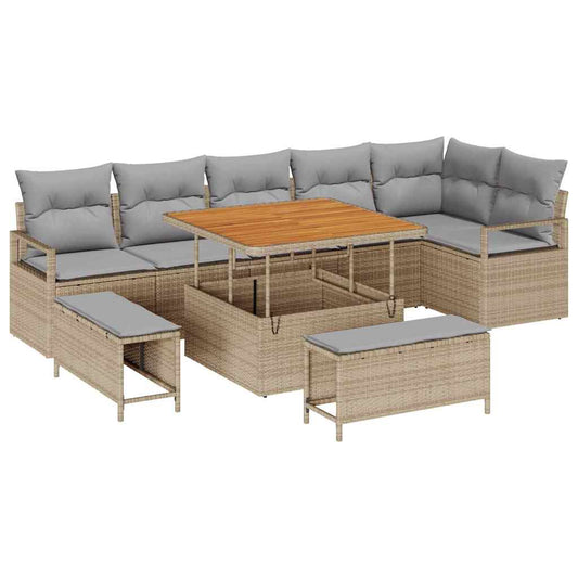 Garten-Sofa-Set mit Kissen 9 pcs Beige Poly Rattan
