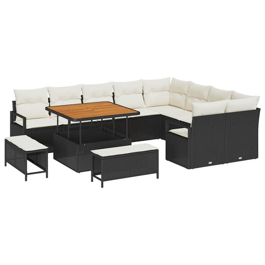 Garten-Sofa-Set mit Kissen 12 pcs Schwarz Poly Rattan