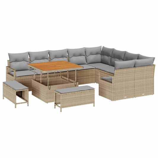 Garten-Sofa-Set mit Kissen 12 pcs Beige Poly Rattan