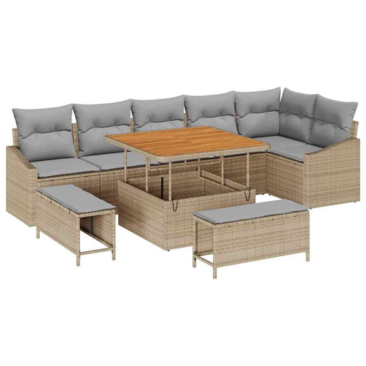 Garten-Sofa-Set mit Kissen 9 pcs Beige Poly Rattan