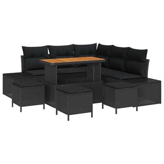 Garten-Sofa-Set mit Kissen 9 pcs Schwarz Poly Rattan