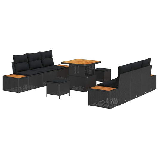 Garten-Sofa-Set mit Kissen 9 pcs Schwarz Poly Rattan