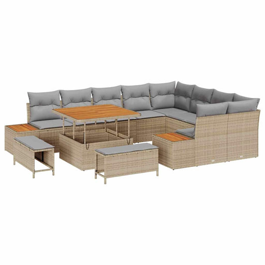 Garten-Sofa-Set mit Kissen 12 pcs Beige Poly Rattan