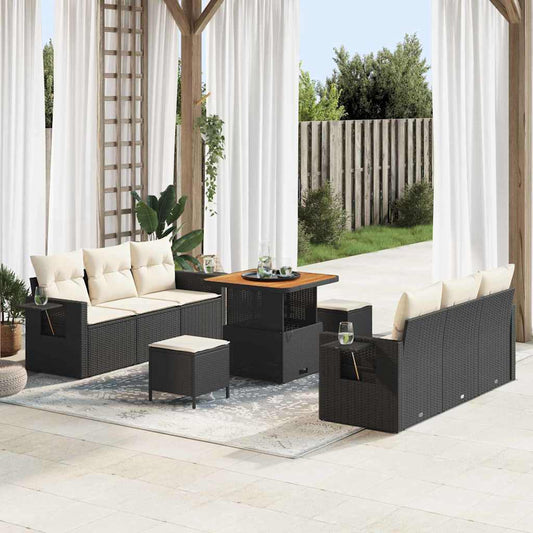 Garten-Sofa-Set mit Kissen mit Speicher 9 pcs Schwarz und Creme