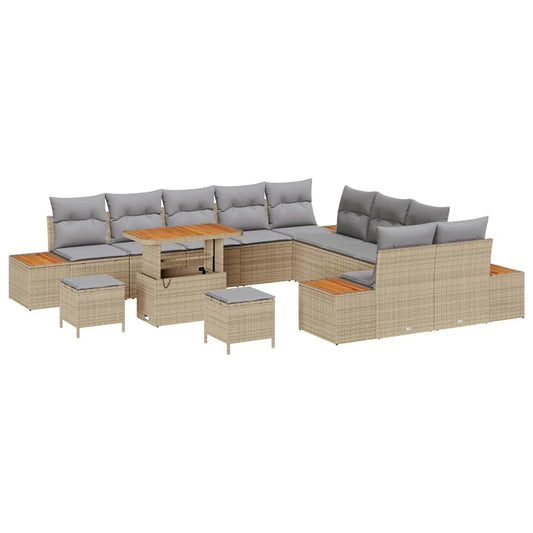 Garten-Sofa-Set mit Kissen mit Speicher Beige Poly Rattan