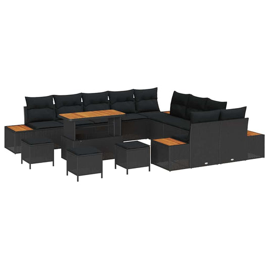 Garten-Sofa-Set mit Kissen mit Speicher Schwarz Poly Rattan