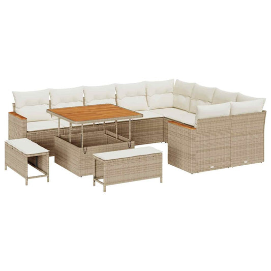 Garten-Sofa-Set mit Kissen mit Speicher Beige Poly Rattan