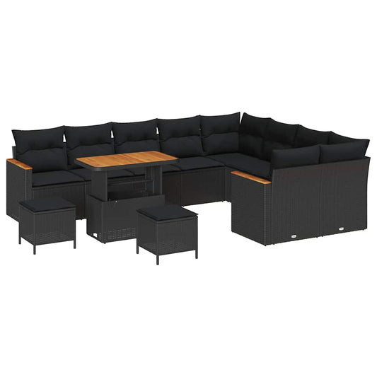 Garten-Sofa-Set mit Kissen mit Speicher Schwarz Poly Rattan