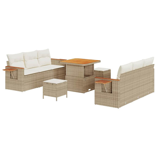 Garten-Sofa-Set mit Kissen mit Speicher 9 pcs Beige Poly Rattan