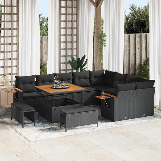 Garten-Sofa-Set mit Kissen 12 pcs Schwarz Poly Rattan