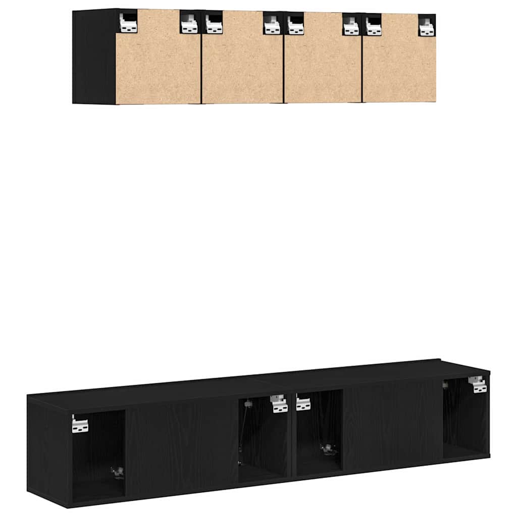 6-teiliges TV-Schrank-Set - Wandmontiert, Schwarz-Eiche, Holz