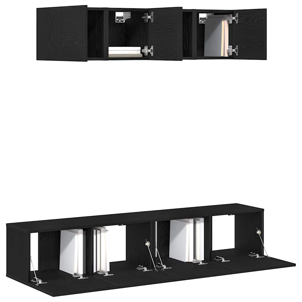 6-teiliges TV-Schrank-Set - Wandmontiert, Schwarz-Eiche, Holz