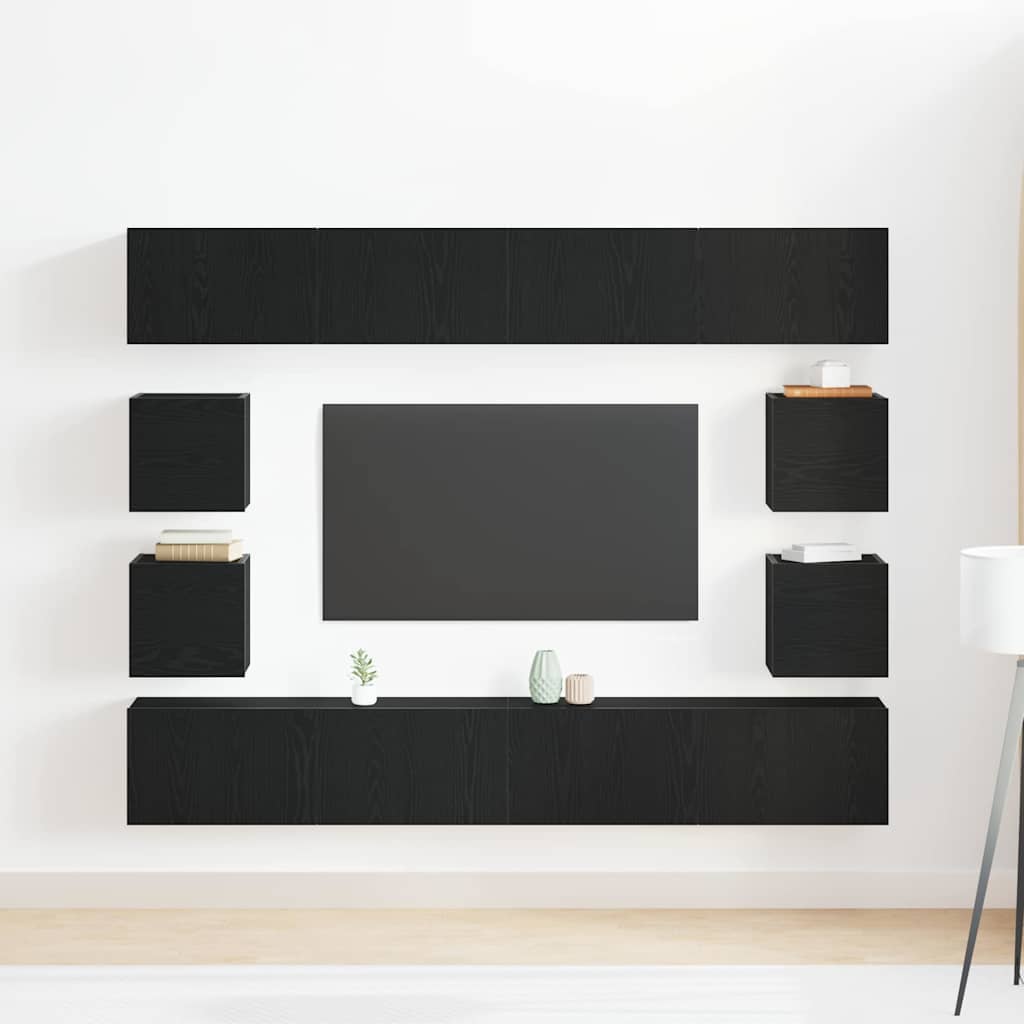 6-teiliges TV-Schrank Set -Wandmontiert, Schwarz-Eiche Holzwerkstoff