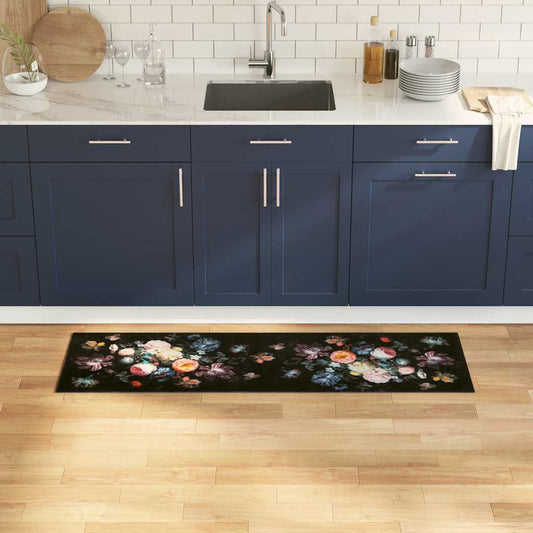 Küchen Teppich Floral Schwarz 150 x 45 cm Samt