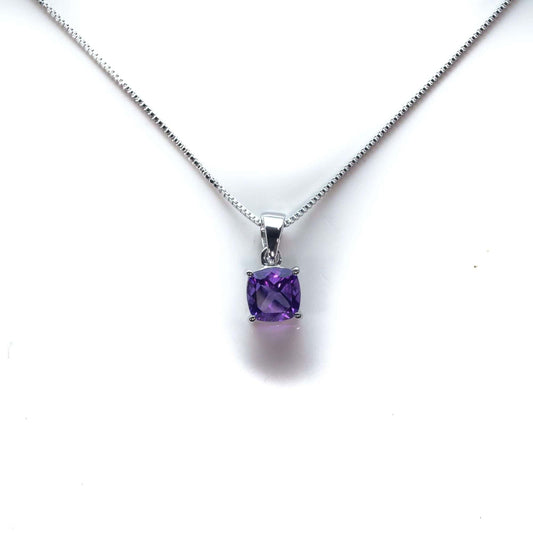 8 MM Natural Amethyst 2.5 CT Cushion Cut Stanley Solitaire Necklace in Silver 925 - Shopgalaxy