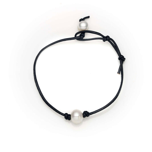 Black Leather String Bracelet with Freshwater Pearl AAA+ - Shopgalaxy
