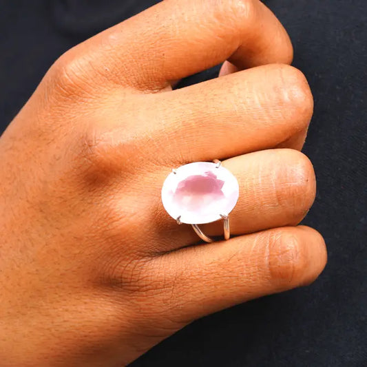 14 - 15 Ct Oval Cut Rose Quartz Stone Adjustable Cocktail Ring in US Size 7 in Silver Setting-1