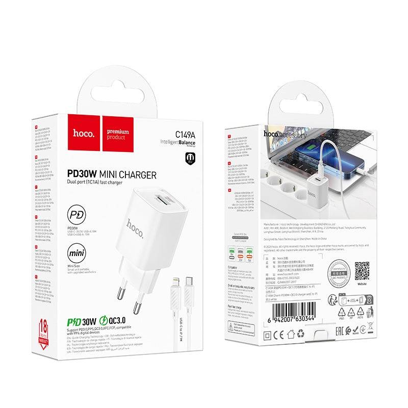 Fast Charger 30W inkl kable C149A Charm PD30W+QC3.0 charger set(C to iP)(EU) - Shopgalaxy