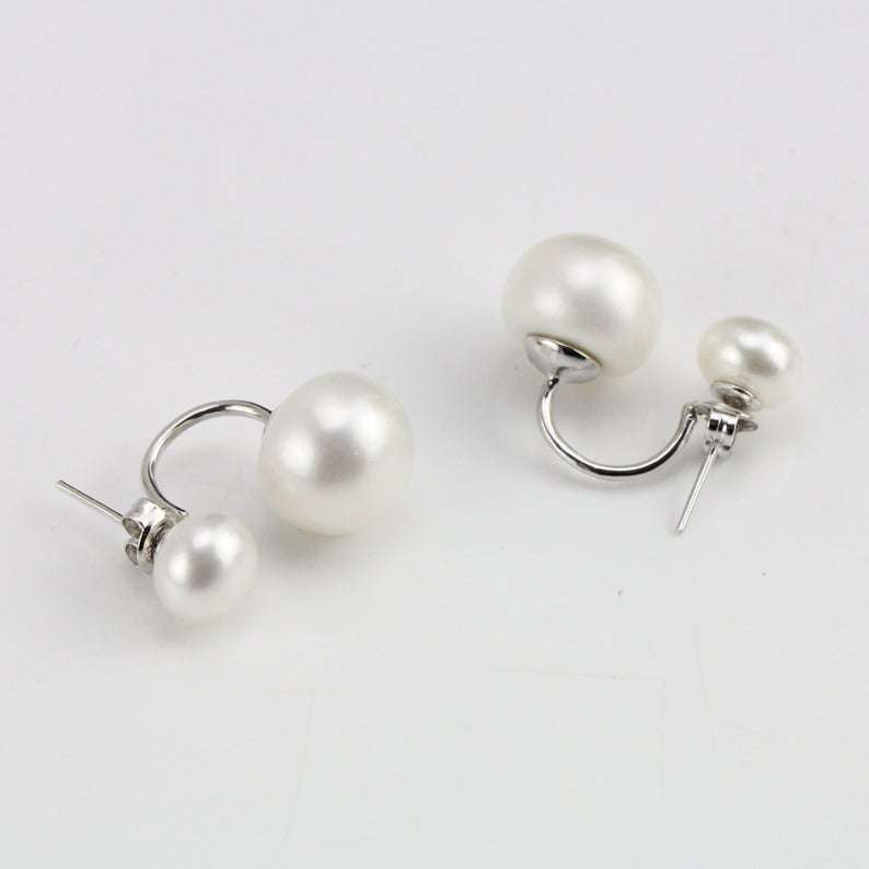 Freshwater White Yerevan Double Pearl Earrings 8 - 8.5 & 11-11.5 MM AAA - Shopgalaxy