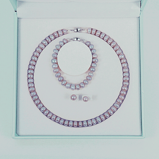 Georgian Jewellery Set 8 - 9 mm AAAA Purple Freshwater Pearls with 17' Strand - Shopgalaxy