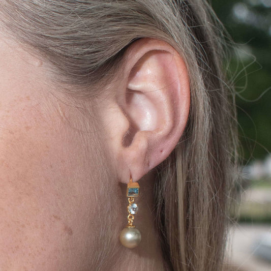 Golden South Sea Pearl with Aquamarine & Blue Topaz Stones Blaxland Earrings 8.5 - 9.5 MM - Shopgalaxy