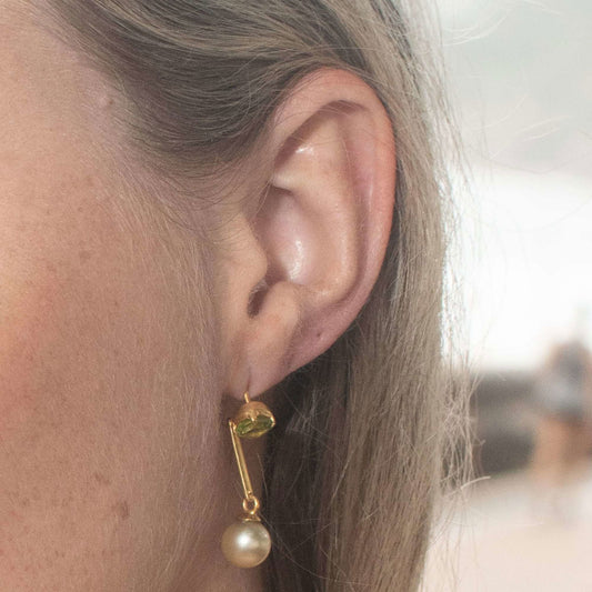 Golden South Sea Pearl with Green Peridot Stone Albany Drop Earrings 8.5 - 9.5 MM - Shopgalaxy