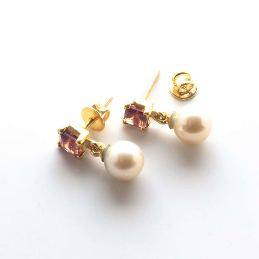 Golden South Sea Pearl with Pink Tourmaline Stone Melbourne Drop Earrings 8.5 - 9.5 MM - Shopgalaxy