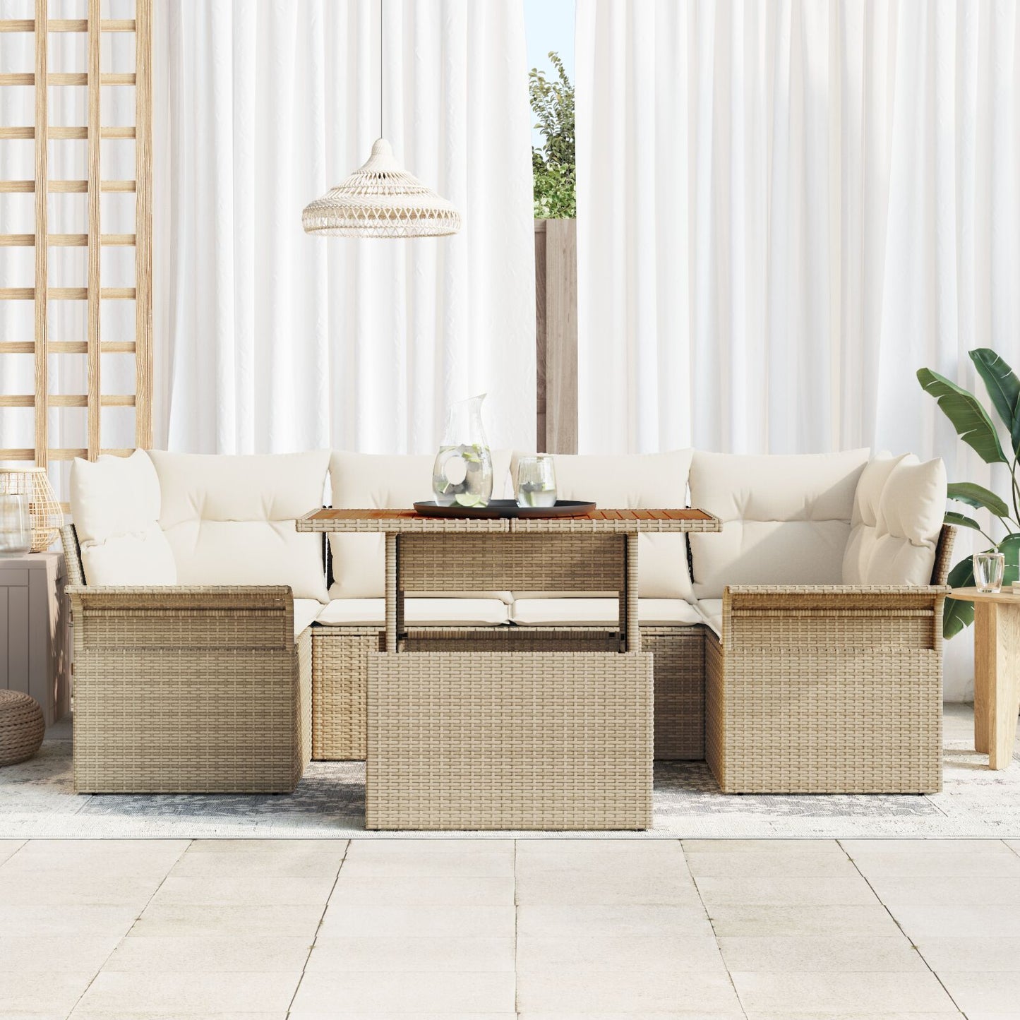 7-teiliges Garten-Sofa-Set mit Kissen Beige Poly Rattan Akazie