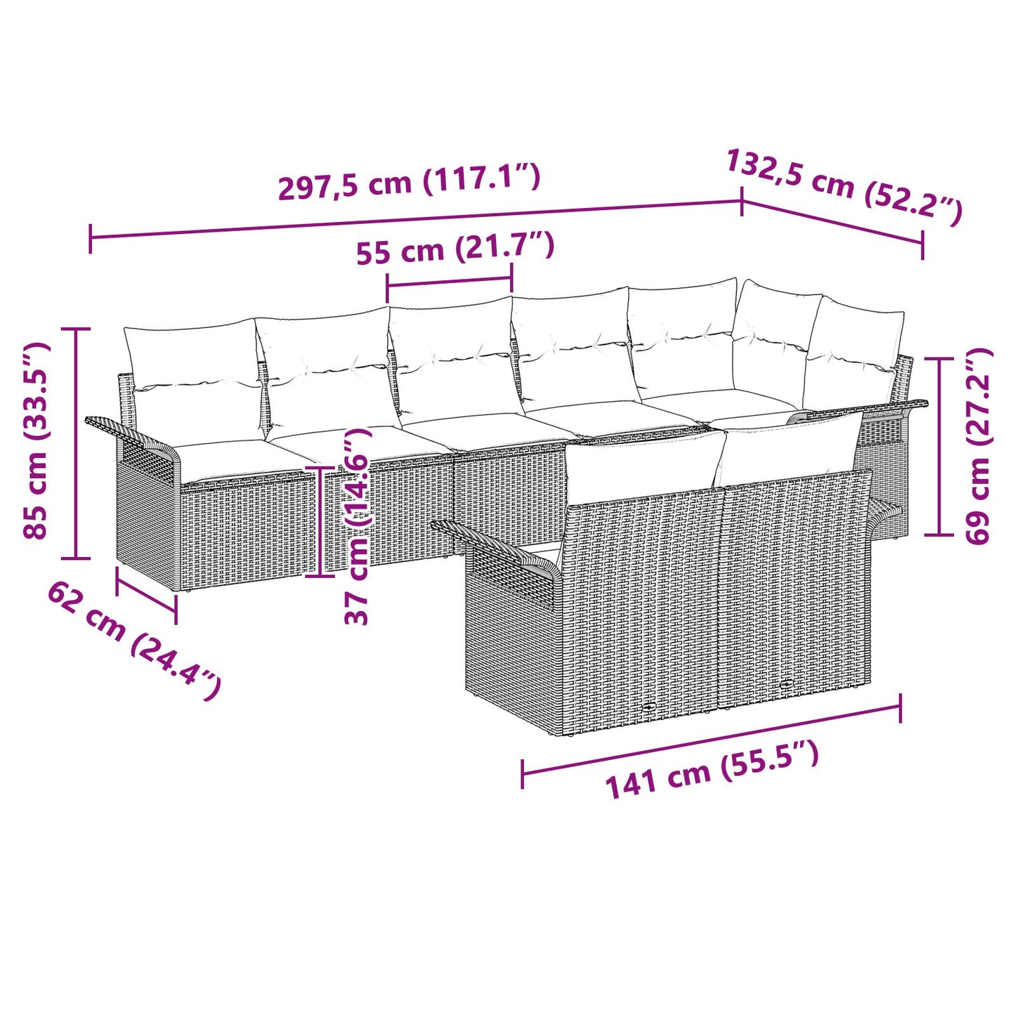 8-teilige Garten Sofa Set mit Kissen Beige Poly Rattan