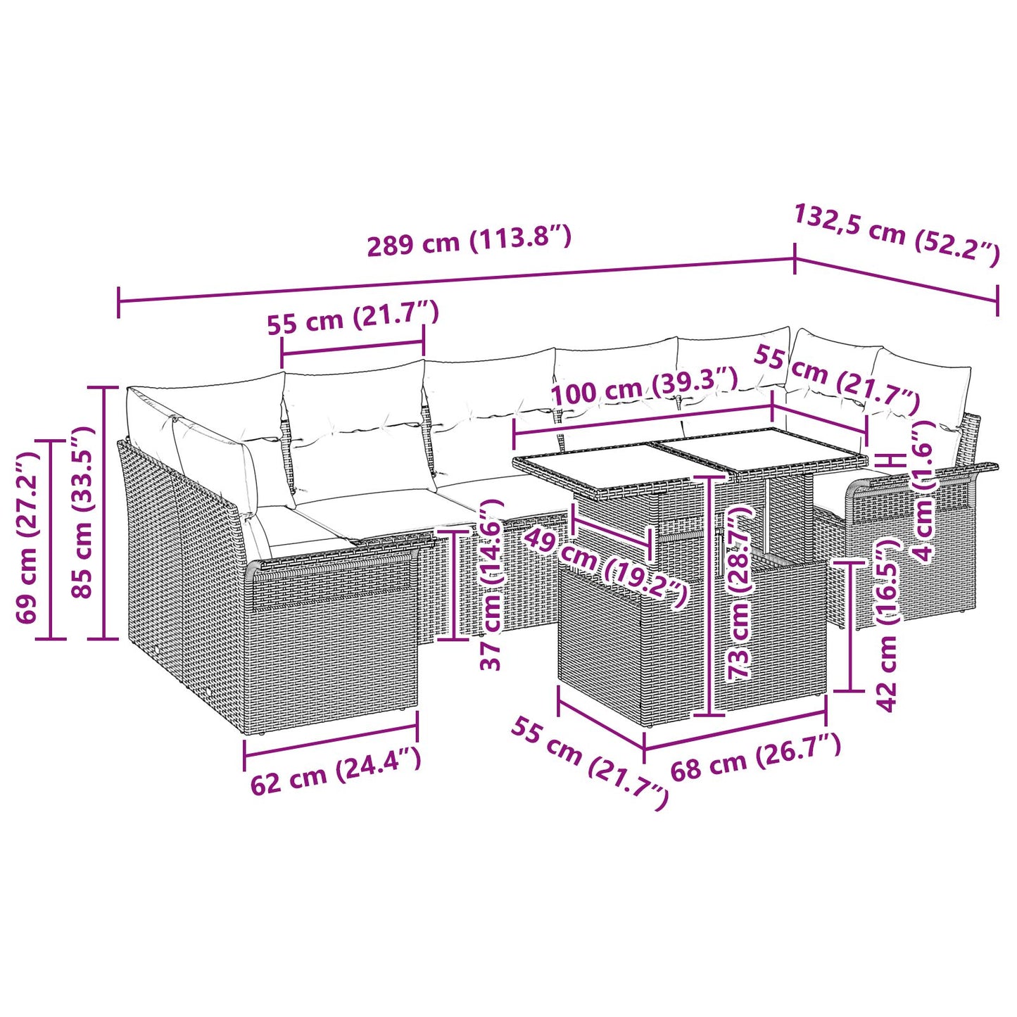 8-teiliges Garten Sofa Set mit Kissen Beige Poly Rattan