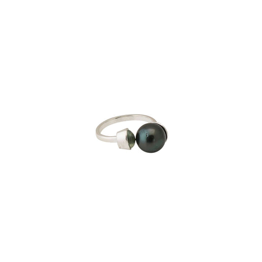Tahitian Pearl 10.5-11.5 mm AdjustableSize 7 Ring with Aquamarine Stone-1