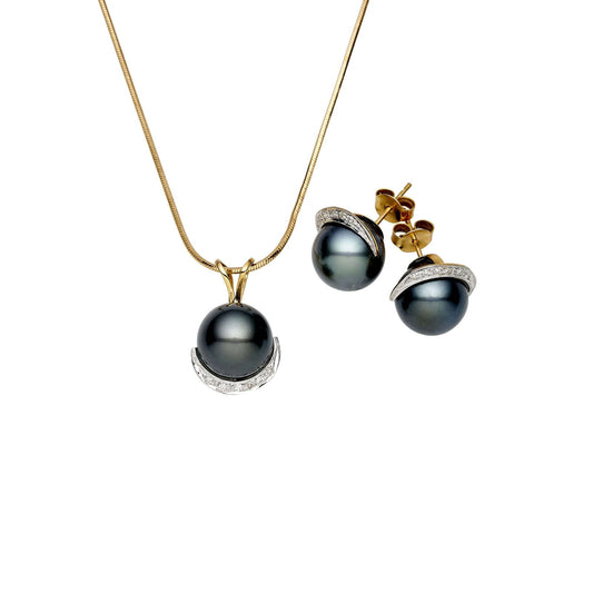 Tahitian South Sea Black Pearls Turramurra Diamond Set in 14ct Gold Set 12-13 mm AAA - Shopgalaxy.ch