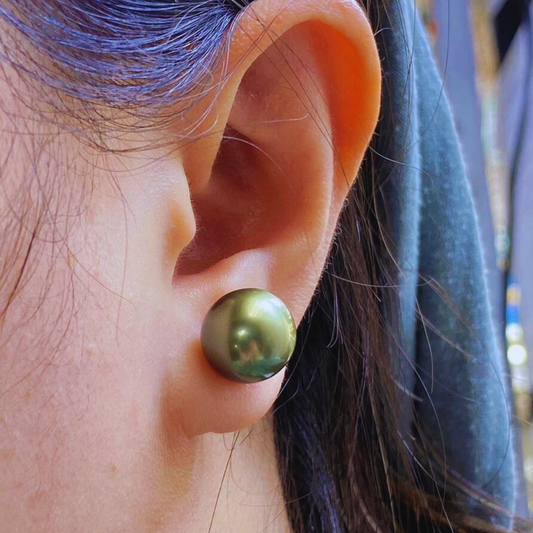 Tahitian South Sea Pistachio Pearls Kiama 14ct Gold Earrings 12-13 mm AAA - Shopgalaxy.ch