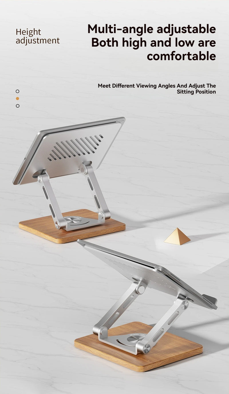 Holz Desktop Halterung mit 360° Rotation für Laptops und Tablets, faltbarer Metallständer in Silber