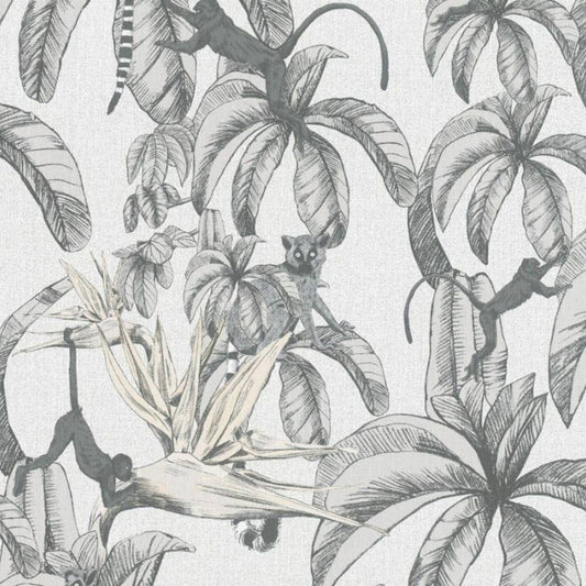 Topchic Tapete Monkey Jungle Leaves Grau und Schwarz