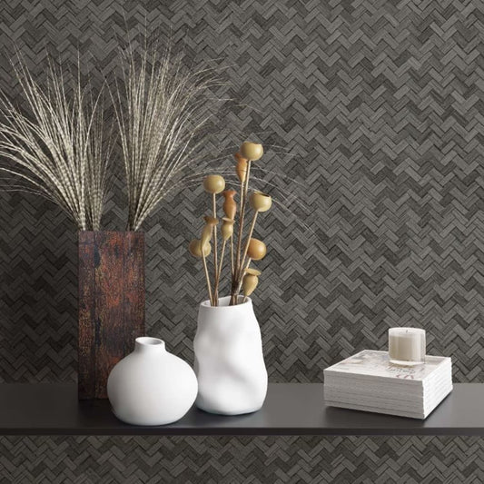 Tapete Botanica Rattan Wickerwork Schwarz und Grau