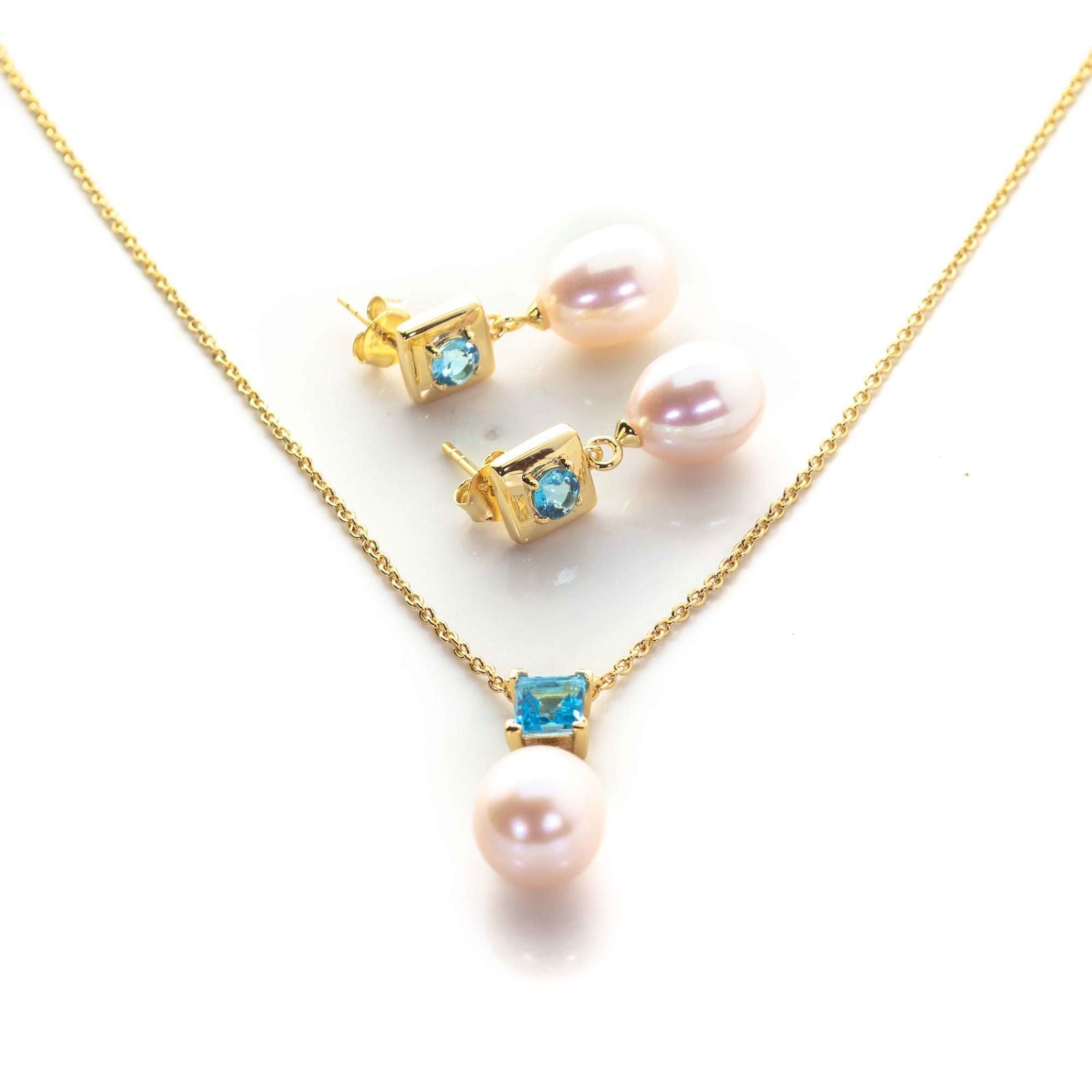 4 - 5 MM Swiss Blue Topaz Stone & 9 MM Cultured Freshwater Pearl Bombay Set - Shopgalaxy