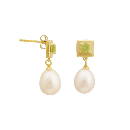 4 MM Peridot Stone & 9 - 9.5 MM Freshwater Pearl Vienna Earrings in 24 CT Gold Plated Silver 925 Setting - Shopgalaxy