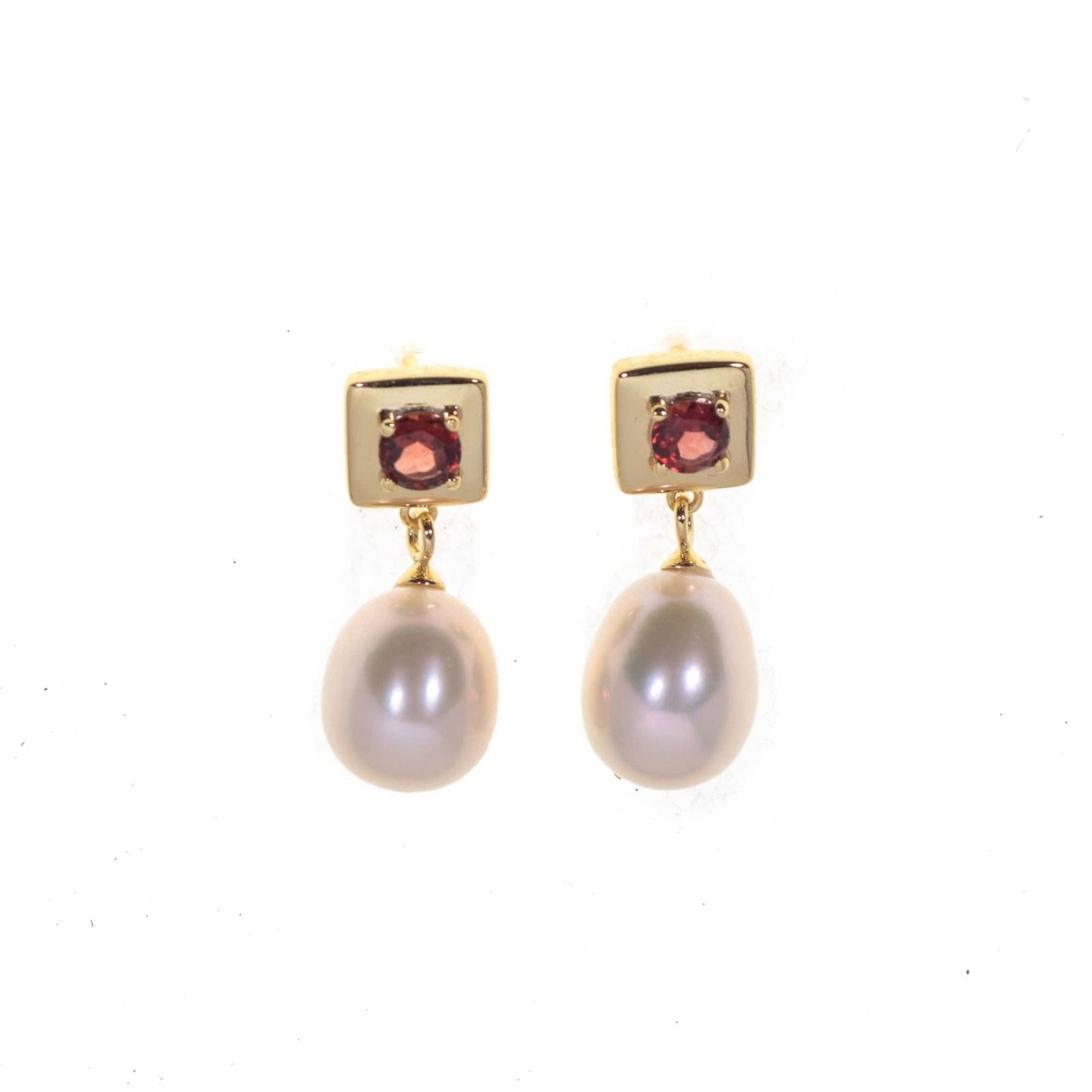 4 MM Rhodolite Garnet Stone & 9 - 9.5 MM Freshwater Pearl Vienna Earrings in 24 CT Gold Plated Silver 925 Setting - Shopgalaxy