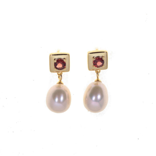 4 MM Rhodolite Garnet Stone & 9 - 9.5 MM Freshwater Pearl Vienna Earrings in 24 CT Gold Plated Silver 925 Setting - Shopgalaxy