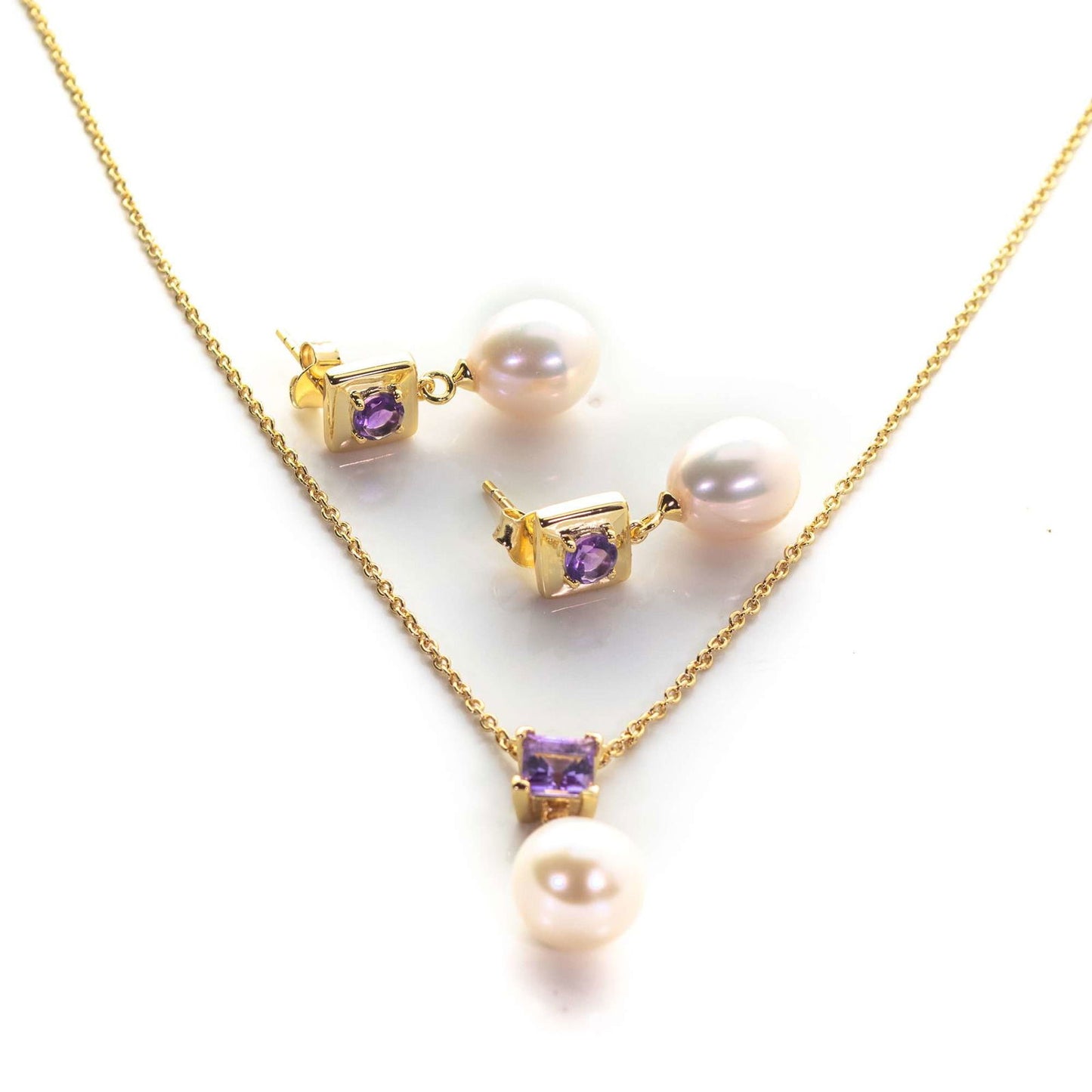 4 MM Round and 5 MM Square Amethyst Stone & 9 - 9.5 MM Cultured Freshwater Pearl Drop Earrings & Pendant Bombay Set in Silver 925 24CT Gold Plated - Shopgalaxy