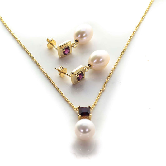 4 MM Round and 5 MM Square Red Garnet Stone & 9 MM Cultured Freshwater Bombay Set - Shopgalaxy